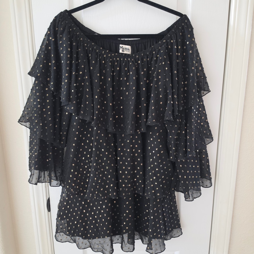 Show Me Your Mumu Black Gold Metallic Ruffle Tiered Off Shoulder Mini Dress M